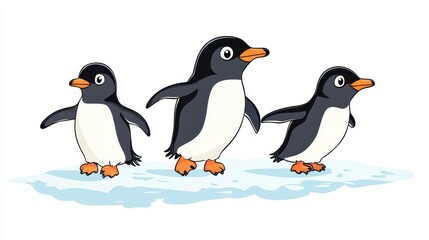Fototapeta premium A family of penguins waddling across the ice, with the parents leading the way, on a white isolated background