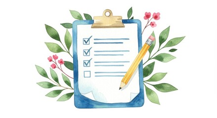 Organized Tasks: A Checklist Illustration - Planning, productivity, efficiency, goals, achievement. A watercolor illustration of a checklist symbolizes organization and task management