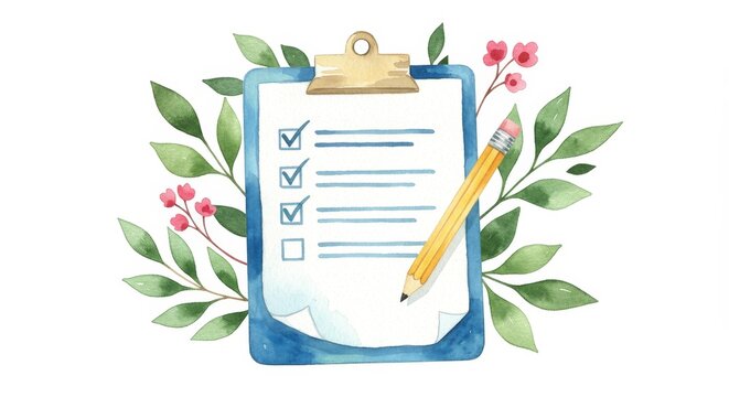 Organized Tasks: A Checklist Illustration - Planning, productivity, efficiency, goals, achievement. A watercolor illustration of a checklist symbolizes organization and task management