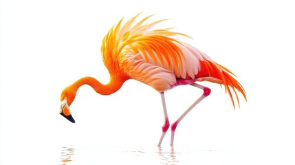 Obraz premium A group of flamingos standing in the shallow water, their long necks bent gracefully, on a white isolated background