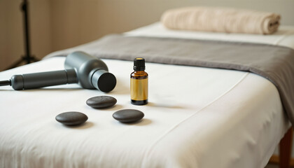 Massage therapy table: well-prepared massage table with fresh linen, essential oils, and massage tools like a massage gun and hot stones suggesting a professional environment for recovery after injury