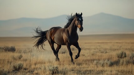 A wild horse galloping across the plains, its mane flowing in the wind, on a white isolated background