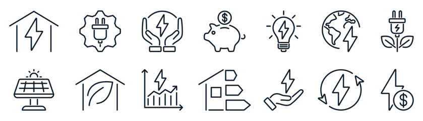 Energy saving and efficiency outline icons set
