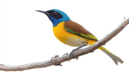 Obraz premium A small bird perched on a branch, with its wings slightly spread, on a white isolated background
