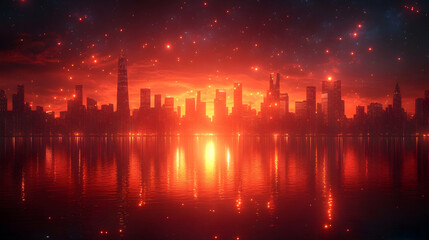 Red Cityscape Sunset: Urban Skyline Reflection