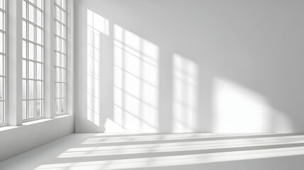 White Room with Large Windows and Natural Sunlight Casting Shadows on Walls and Floor in Modern Minimalist Style