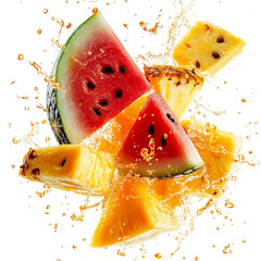 A Burst of Watermelon Papaya and Pineapple Falling Into Water Isolated on Transparent Background