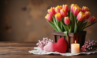 Colorful tulips with hearts decoration