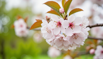 Delicate cherry blossoms with raindrops in a tranquil park, seasonal beauty