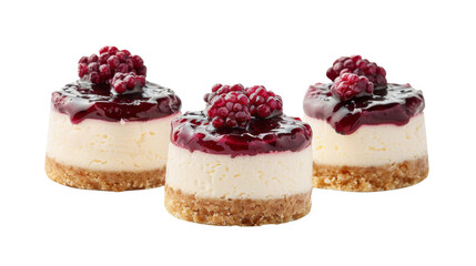 Three mini cheesecakes with blackberry topping on transparent background