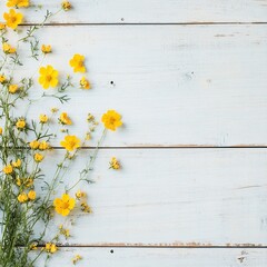 Obraz premium Whimsical floral scatter of yellow wildflowers on aged wooden panels