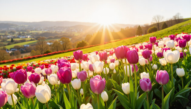 Vibrant tulip fields blooming in spring sunlight, seasonal beauty - Powered by Adobe