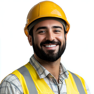 Smiling Construction Worker in Yellow Safety Vest and Hard Hat - Professional Male Engineer Portrait on Isolated Background