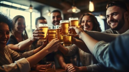 Beer Toasting. Group of Friends Toasting Beer in a Pub. Celebrating with Cheers and Clinking Glasses. Social Gathering Concept on Background with Copy Space.