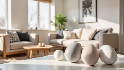 Monochromatic Easter eggs on table in modern living room, minimalist decor