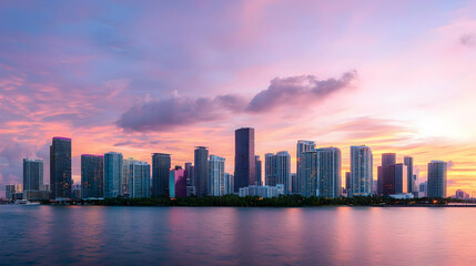 Fototapeta premium Vibrant Miami Cityscape At Sunset With Colorful Sky And Reflections In Biscayne Bay