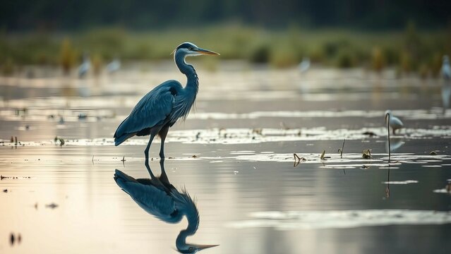 Realistics blue heron in marsh represents tranquility and elegance capturing birds intense concentra