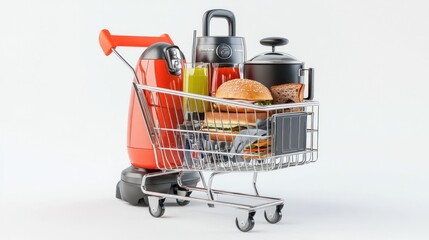 Grocery shopping cart filled with kitchen appliances and food