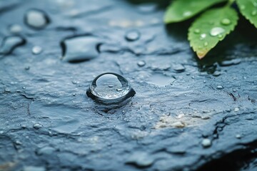 A large water droplet sits on a dark, wet stone surface, near green leaves with water droplets.