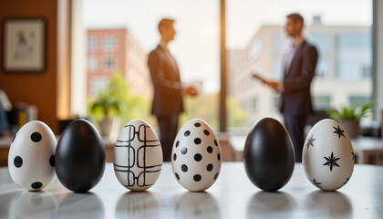 Black and white Easter eggs on office table, elegant ambiance