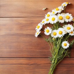 Obraz premium Elegant chamomile flowers arranged on polished mahogany wood