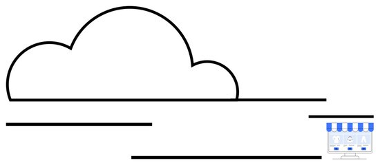 Cloud structure linked to a small online shop icon representing digital storage, e-commerce, and website hosting. Ideal for technology, innovation, business, data, internet, retail flat simple