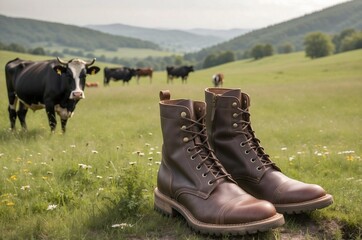 A herd of cows grazes in a meadow.Leather boots in the foreground.