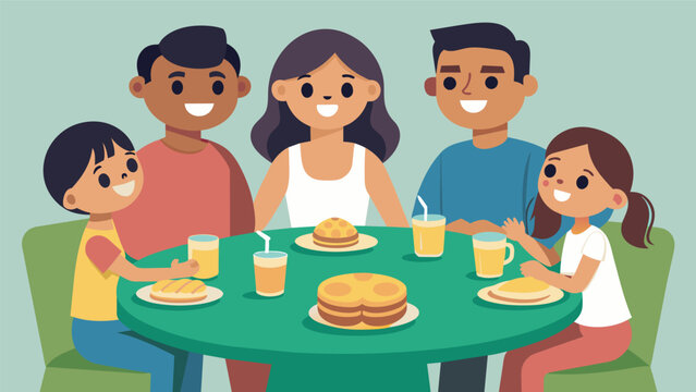 The table was filled with the sound of clinking utensils and muffled mmms as the family devoured their arepas thoroughly satisfied with their hearty and delicious breakfast.. Vector illustration