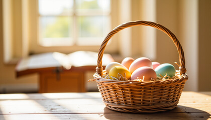 Decorative Easter eggs in basket on table near window, Easter symbolism