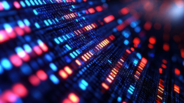 Abstract glowing data streams in red and blue form a complex digital matrix