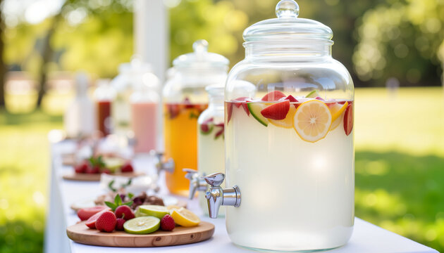 Innovative wedding drink station with infused water garnished with fruit, Spring Wedding Expo