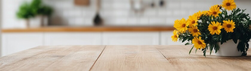 Rustic kitchen scene with wooden table and fresh-picked yellow flowers