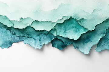 Abstract watercolor painting of teal and green mountains, creating a serene and textured landscape.