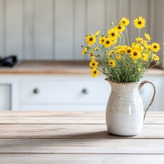 Fototapeta premium Rustic kitchen table with fresh yellow wildflowers in a ceramic pitcher