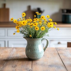 Fototapeta premium Rustic kitchen table with fresh yellow wildflowers in a ceramic pitcher