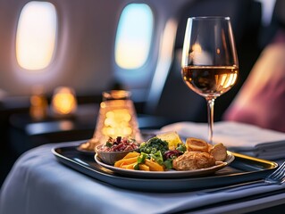Luxurious in-flight dining experience with gourmet meal and fine wine