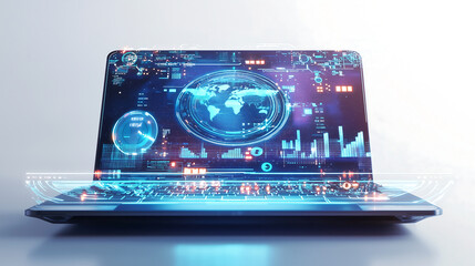 Global Data Visualization Futuristic Laptop with Digital World Map, Charts, and Analytics