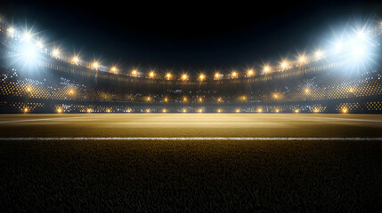 Illuminated Empty Stadium Field At Night With Bright Golden Spotlights Dramatic Sports Background