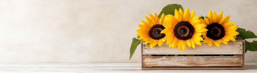 Obraz premium Sunflowers leaning against a vintage wooden crate, farmhouse decor style