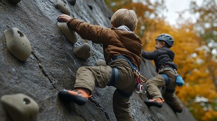 Children Climb an Indoor Rock Wall While Wearing Safety Gear at an Adventure Center Surrounded by Autumn Trees
