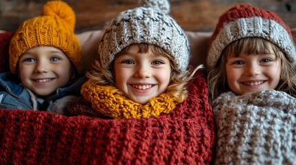 Kids Enjoy Cozy Moments Together in Knit Hats and Blankets During Winter Afternoon Indoors