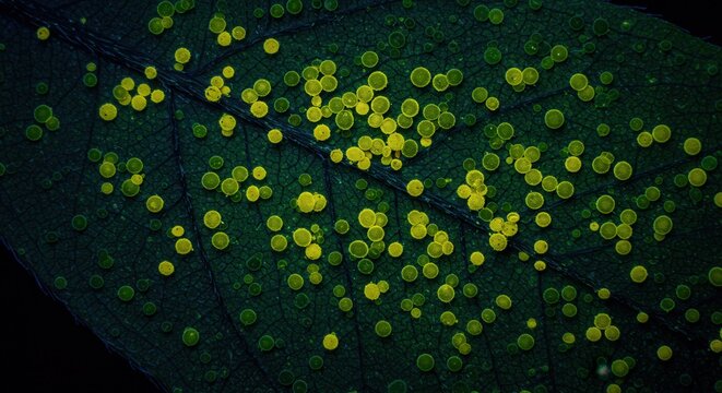 Examining Leaf Texture and Fungal Growth with Yellow Circular Structures