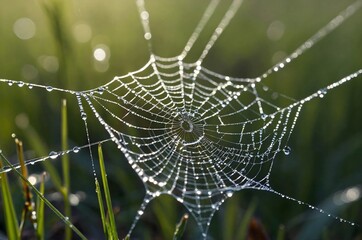 Spider web in raindrops on a sunny background.