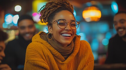 Fototapeta premium Group of Friends Enjoying a Joyful Evening at a Cozy Café Filled With Warm Lighting and Laughter in a Lively Urban Setting