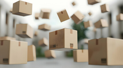 Numerous Cardboard Boxes Floating Against A Blurred Background In A 3D Render Depicting A Delivery Or E-Commerce Concept