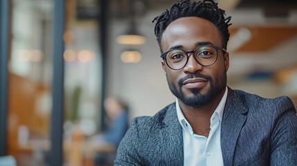 Obraz premium Confident Man Seated in Modern Office Space, Wearing Glasses and a Smart Jacket While Engaging in a Professional Discussion