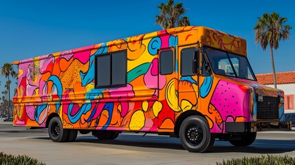 Colorful Food Truck Parked Under Palm Trees in a Sunny Coastal Setting Filled With Vibrant Art Designs
