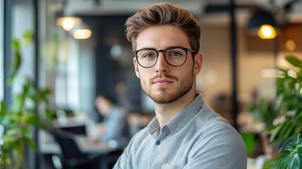 Fototapeta premium Portrait of Young Man in Modern Office Setting