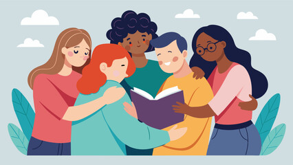 While discussing a particularly emotional book the book club members were moved to tears and shared hugs and comforting words demonstrating the strong bond they had formed.. Vector illustration