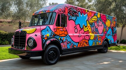 Obraz premium Colorful Food Truck Parked in a Garden Setting Displaying Vibrant Artwork and Inviting Atmosphere for Outdoor Dining Experiences
